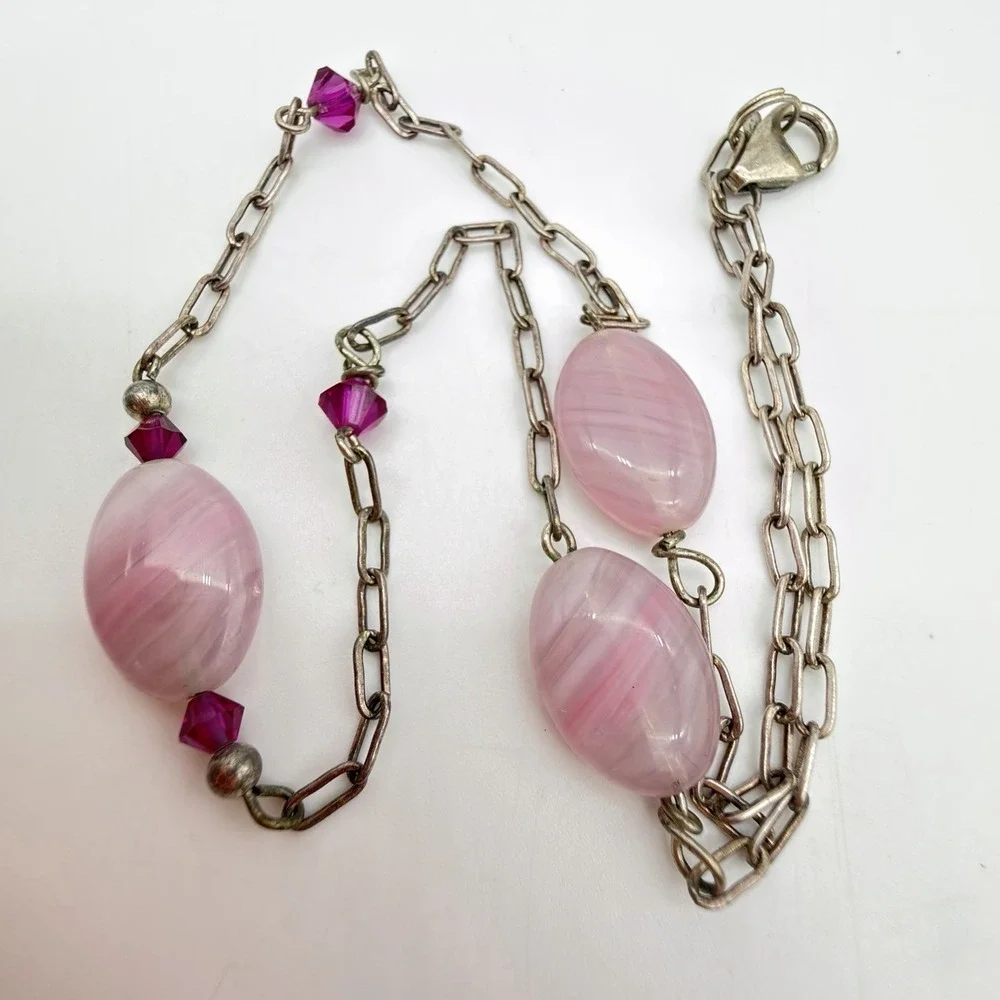 Vintage 925 Sterling Silver Pink Stone Necklace‎ Romantic Dainty Pretty